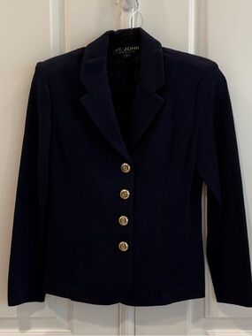 St. John Basics Navy Knit Blazer Gold Buttons Size 2